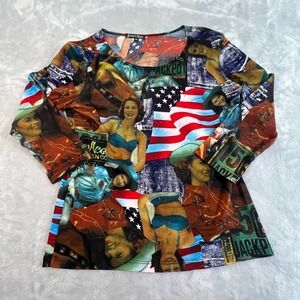 Vintage Womens Y2K Western Americana Mesh Top Sz M Retro Pinup Indie Novelty